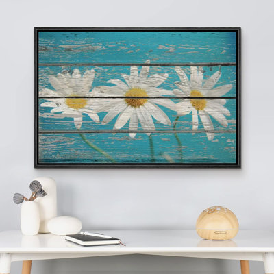 Vintage Daisy Flowers On Wood Effect Background Rustic Pictures Large Framed Print Canvas Wall Art