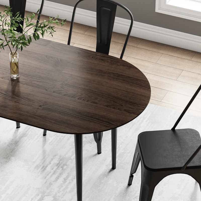 Solid Wood Oval Dining Table with Four Metal Legs Kitchen Tables, Walnut
