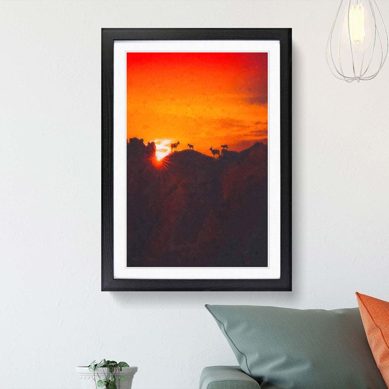 Goats upon the Mountain - Picture Frame Graphic Art Print, 87cm H x 62cm W x 2cm D, Black Framed