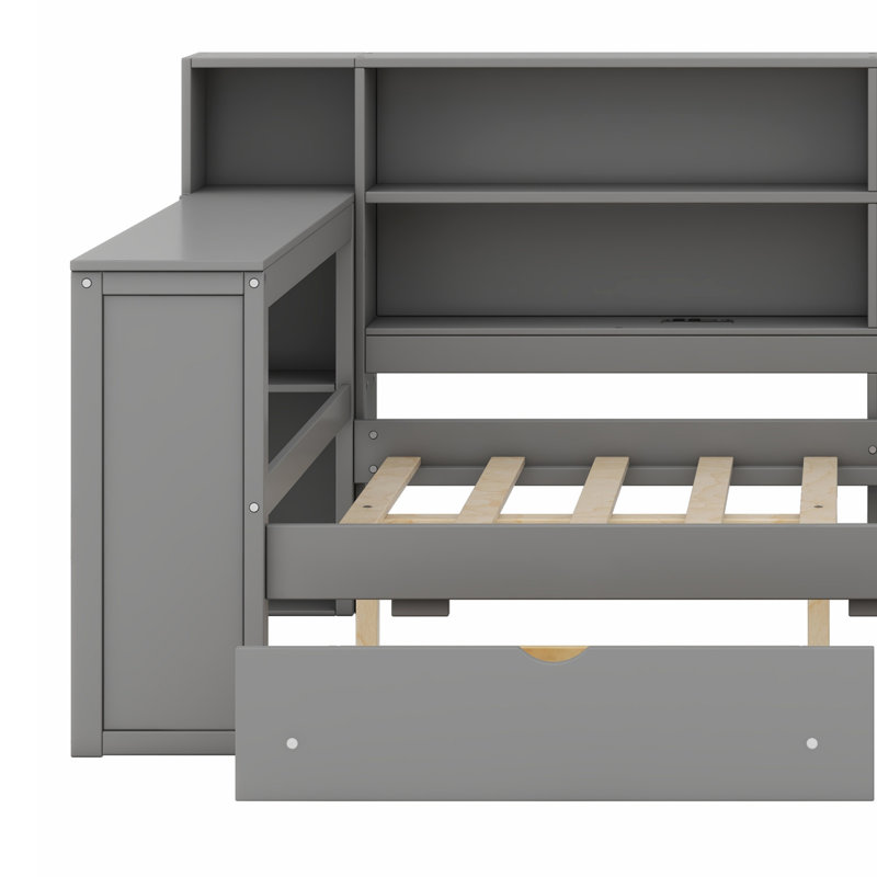 Wood Bed Frame with Storage Shelves, Drawers, LED Lighting & Charging Ports, Grey+ Grey Cushion