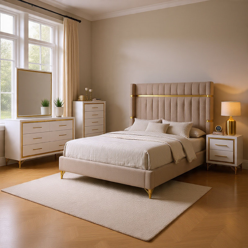 Ensemble de chambre à coucher 5 pièces Jenny, Black/Grey/Clear/Chrome Silver, Grand lit