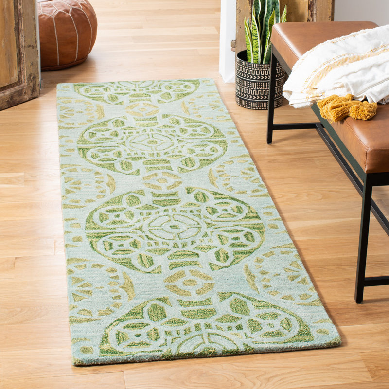Eaton Wyndham Hand Tufted Wool/Viscose Geometric Rug in Turquoise / Green, Runner 2'3" x 7'