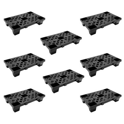 Palettes en plastique robustes emboîtables et empilables - paquet de 8, carreaux de palette de plancher ventilés 19,7 po x 11,8 po x 3,9 po pour le garage, l'entrepôt, le rangement du sous-sol, matériau PEHD - noir, ensemble de 8 pièces en noir