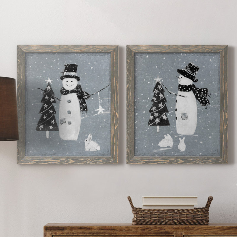 «Snowman Galvanized I», ensemble de 2 reproductions, Pas de tapis, H 20 po x l 17 po x P 1 po, Toile avec cadre gris