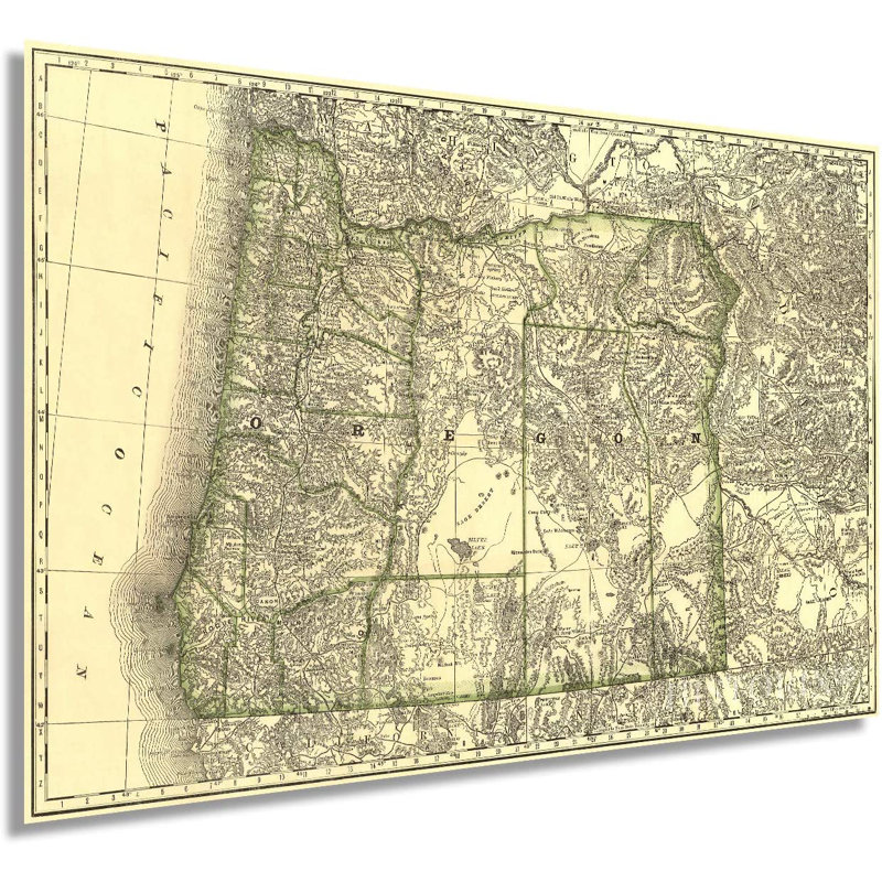 1876 Oregon Map Poster Wall Art, 24" H x 36" W x 0.1" D