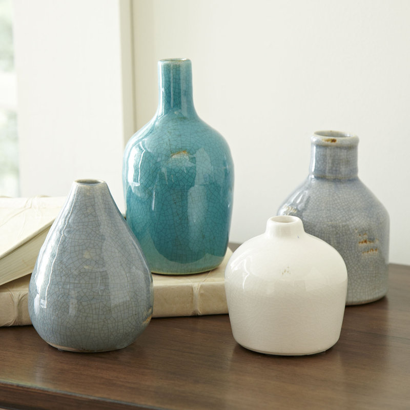 Vases ronds en grès, Aqua / Gris / Blanc