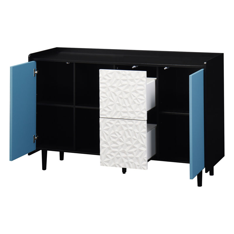 Buffet de salle à manger moderne en noir et bleu, 2 tiroirs et armoire de rangement ouverte pour la cuisine avec portes et compartiments bleus