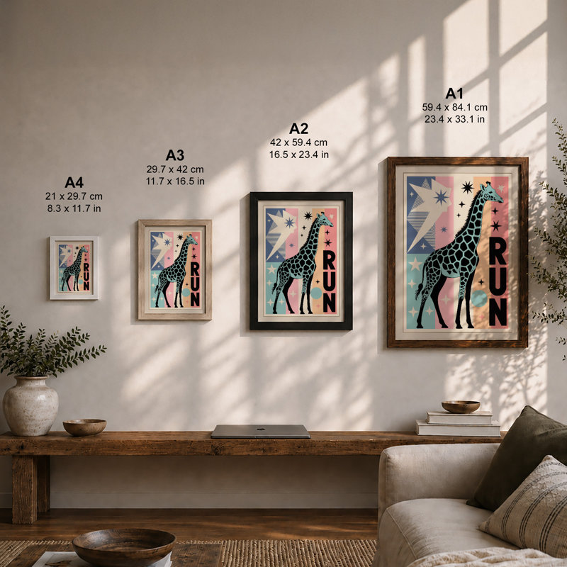 Giraffe Geometry Run Mid-Century - Framed Print, A1 - 84.1 x 59.4 cm, Walnut