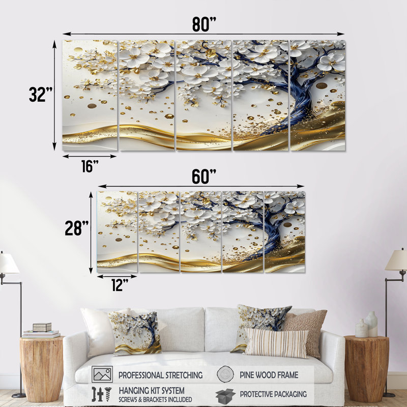 Ensemble de salon art mural blanc et bleu Cherry Blossom Garden Of Branches I - Cherry Blossom, H 28 po x l 60 po