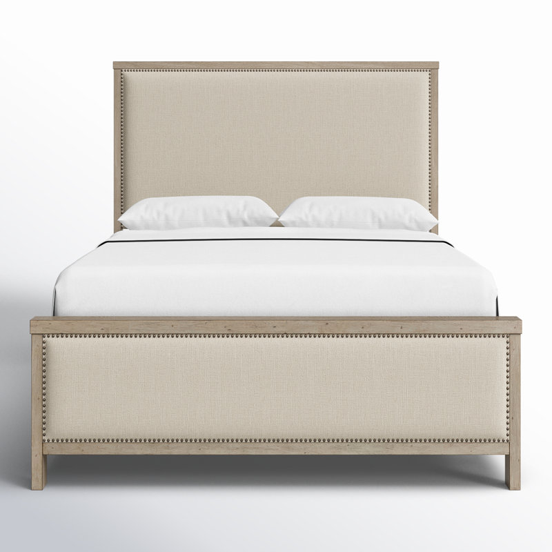 Barksdale Solid Wood Panel Bed with Upholstered Headboard & Nailhead Trim, Queen