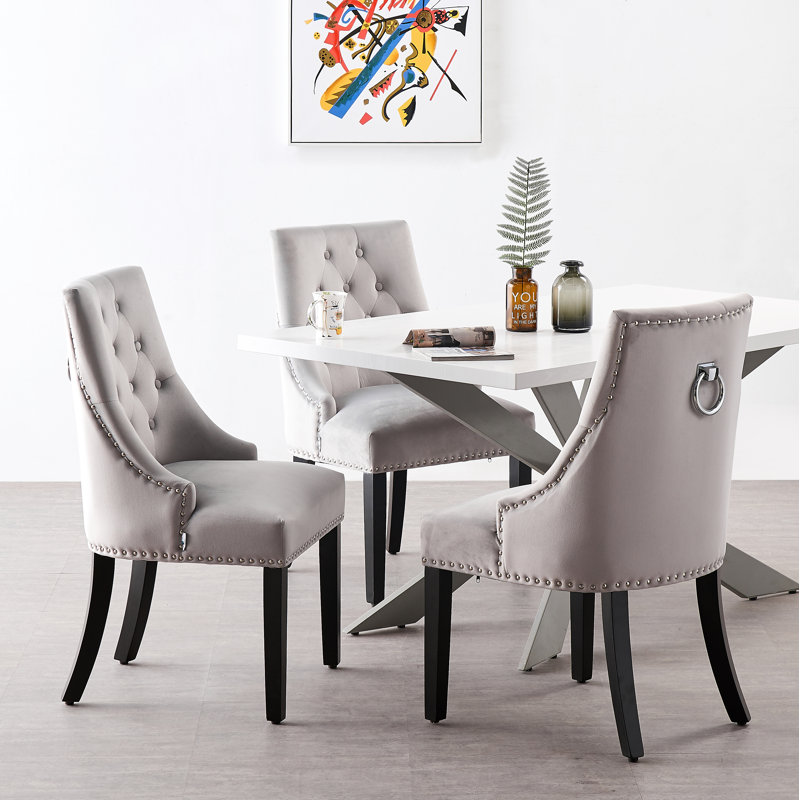 Graciela 6 Person Dining set - a Rectangular Wooden Dining Table with Metal Legs and a Set of 6 Quilted Ring Knocker Velvet Dining Chairs for Dining Room - Modern Dining Table Set