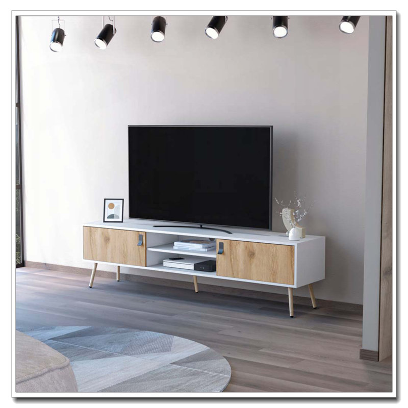 Meuble télé 2 tiroirs blanc et Macadamia