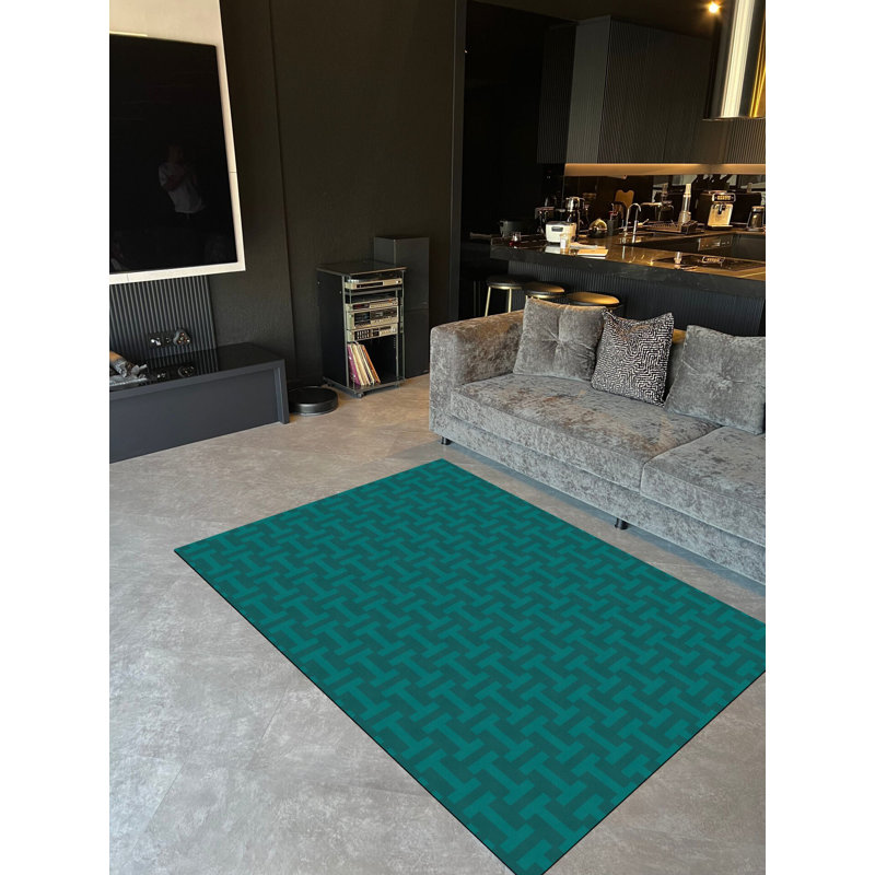 Tapis tissé à motif géométrique turquoise H Logo, Rectangle 4 pi 7 po x 6 pi 6 po