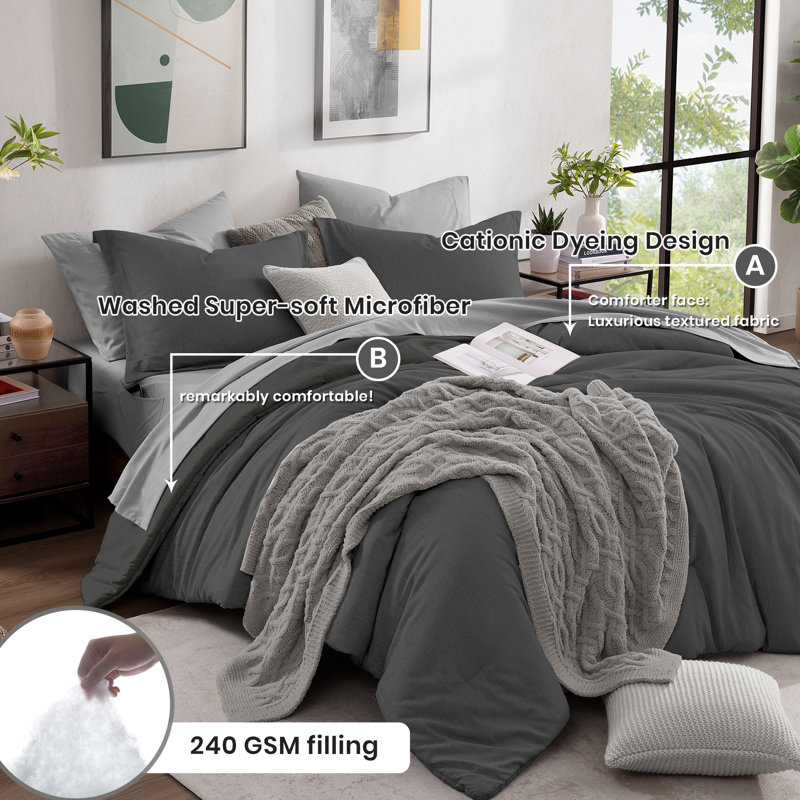 Ensemble d'édredon Cationic 7PC, Édredon grand + 6 pièces supplémentaires, Gris foncé