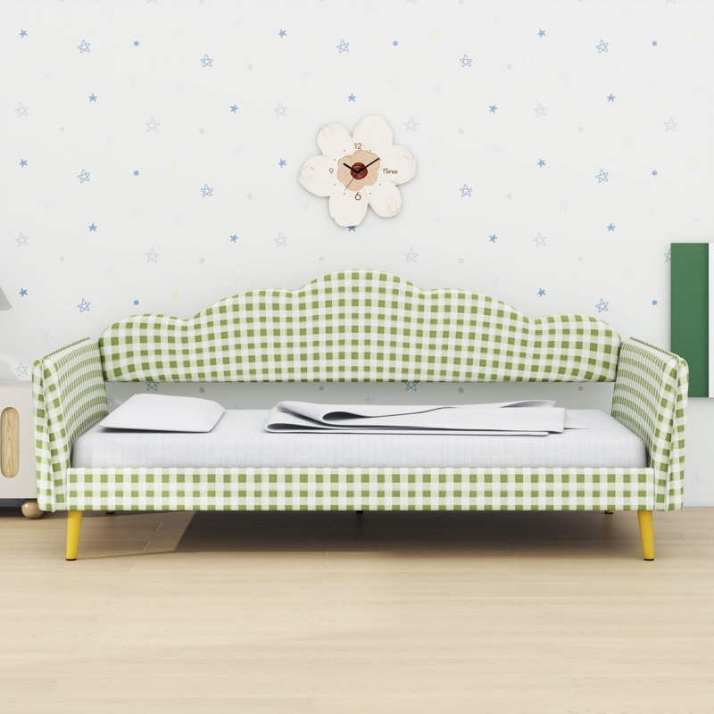 Structure de lit de jour robuste avec pieds en métal et revêtement en vichy avec tête de lit et accoudoirs, Green