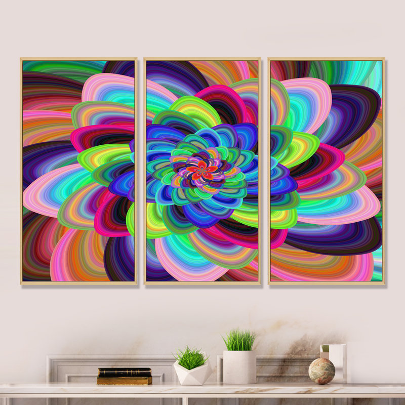 Abstrait coloré fleur spirale - ensemble d'art mural moderne sur toile encadrée moderne de 3, H 28 po x l 36 po x P 1 po