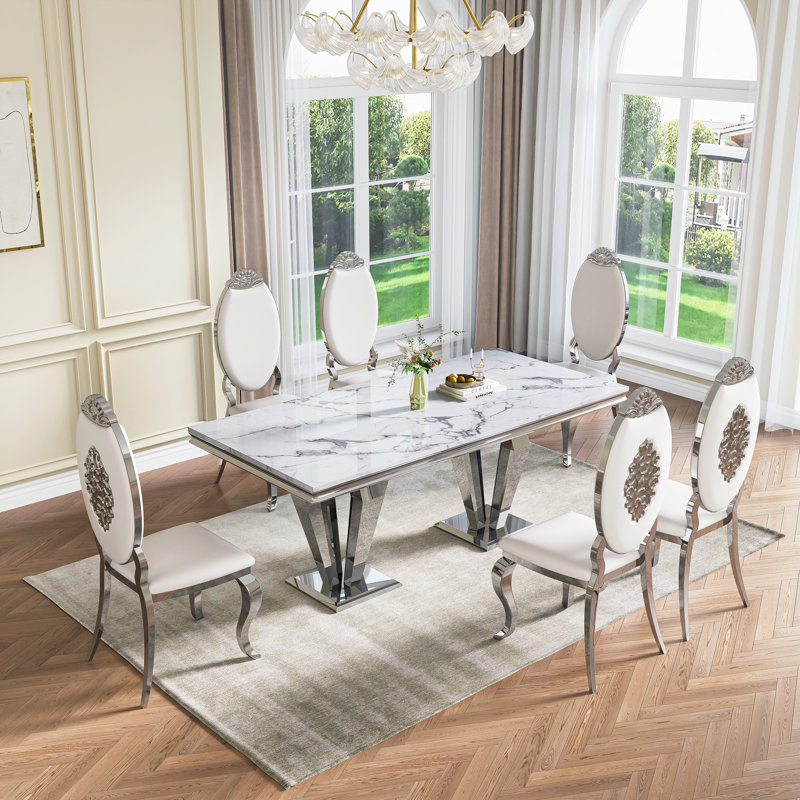 70"Faux Marble Dining Table,Rectangular Kitchen Table With Diamond-Shape Stainless Steel Legs For Kitchen, Living Room