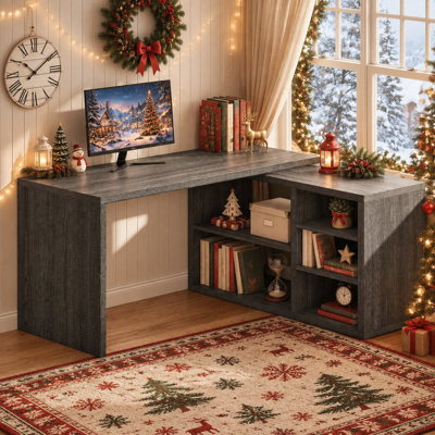 Bureau d'ordinateur en L 55 po réversible avec tablettes d'armoire, poste de travail industriel réglable en bois pour travailler