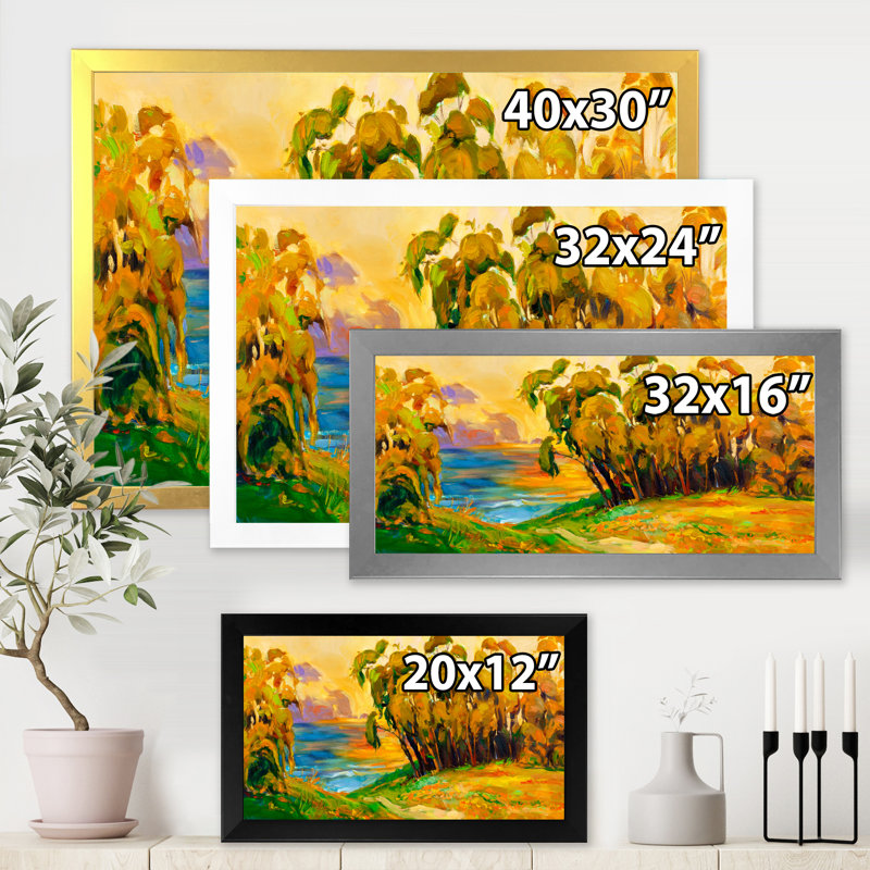 «Green Trees By The Riverside pendant Evening Glow», peinture sur toile, H 24 po x l 32 po x P 1 po, Cadre noir