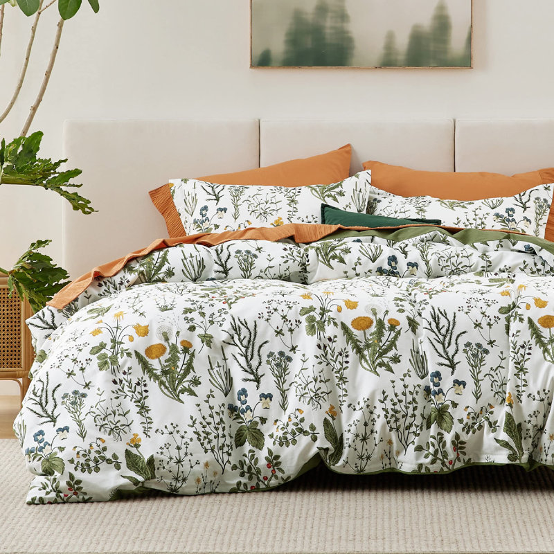 Ensemble de housse de couette réversible 100% coton, Housse de couette double + 2 taies décoratives st, Vert (sans édredon)