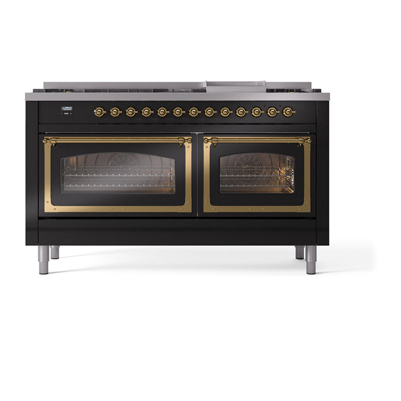 ILVE Nostalgie II Noblesse 60 in Dual Fuel Range, 9 Burner, Griddle, Glossy Black/Brass, Liquid Propane