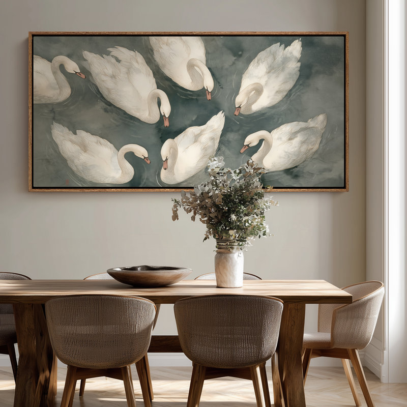 «Graceful White Swans Natation on Calm Water Nature», reproduction d'art encadrée, H 30 po x l 60 po, Naturel