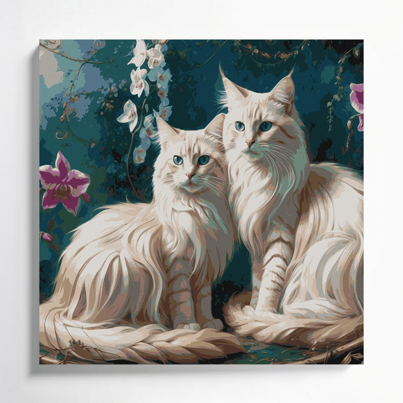 Chats, art balinais sur toile bleu, H 32 po x l 32 po