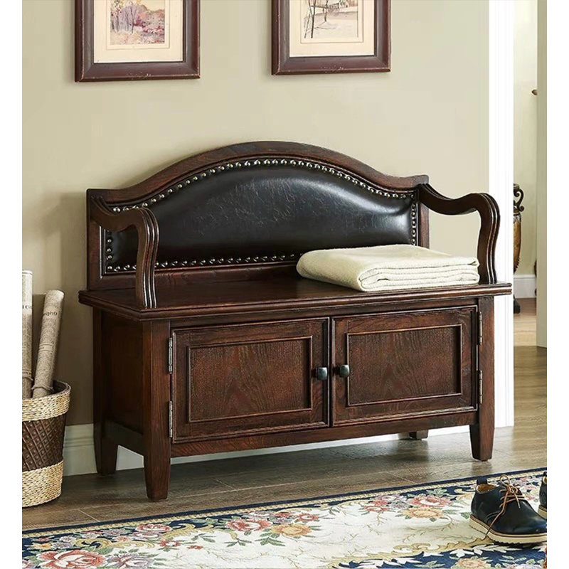 Traditional Solid Wood Shoe Bench with Leather Backrest, Brown