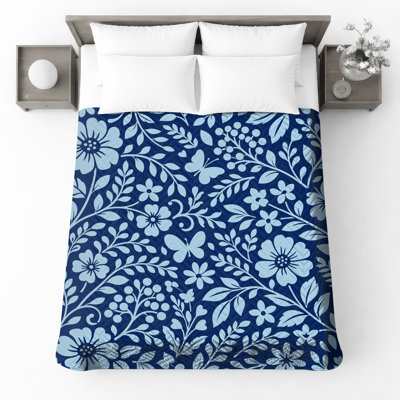 Blue Floral Butterfly Pattern Quilted Bedspread All Sizes