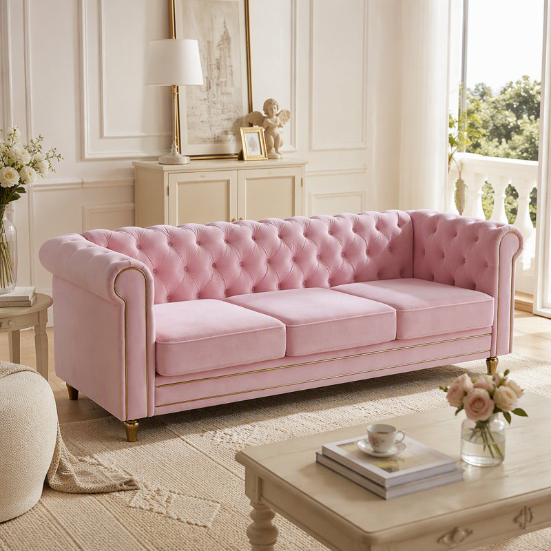 Canapé Chesterfield en velours de couleur rose pour salon 84,65 pouces