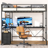 Loft Bed with Desk, Metal Twin Loft Bed Frame with Charging Station / LED/ Drawers