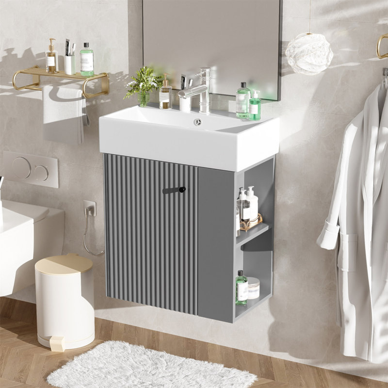 Meuble-lavabo flottant moderne de 21,6 po avec lavabo en céramique - parfait pour les petites salles de bain, rangement à droite