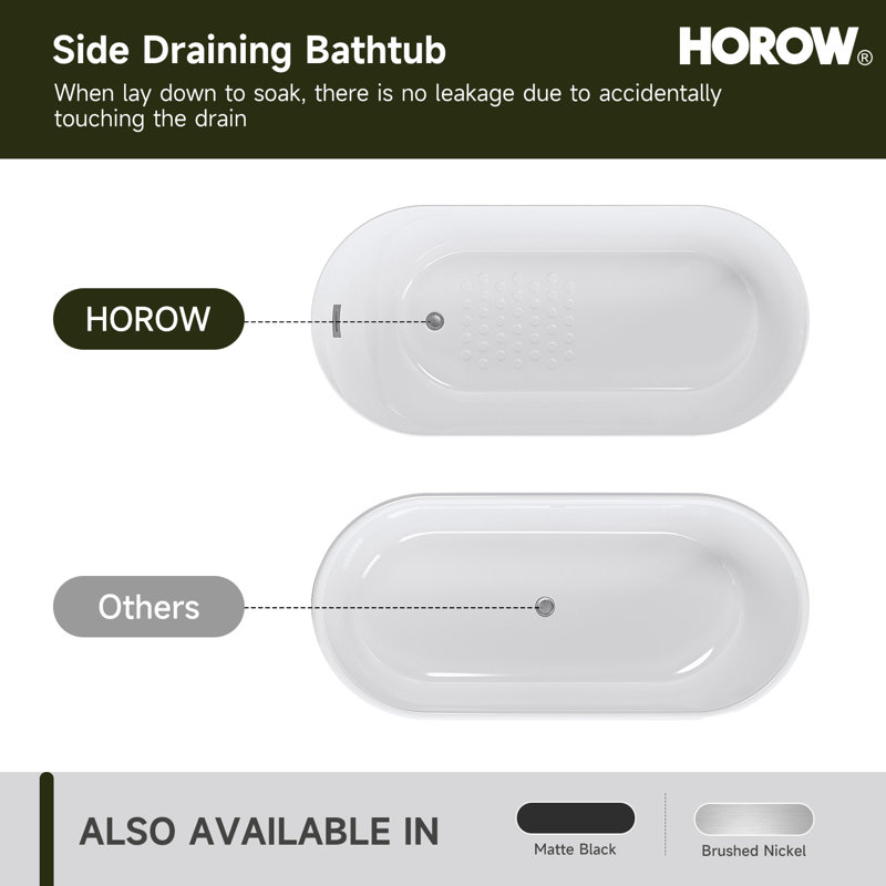 59'' x 27.5'' Freestanding Soaking Acrylic Bathtub With Side Drain,Reinforced Slim Apron Design, Brushed Nickel