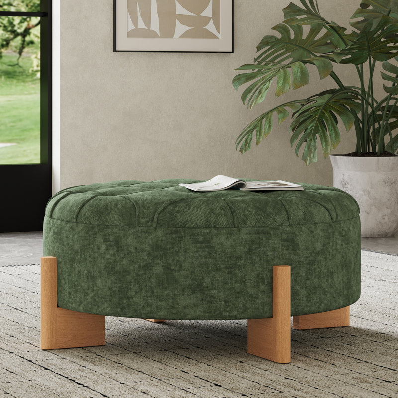 Round Tufted Upholstered Ottoman With Solid Wood Legs, Modern Button-Tufted Coffee Table, Green