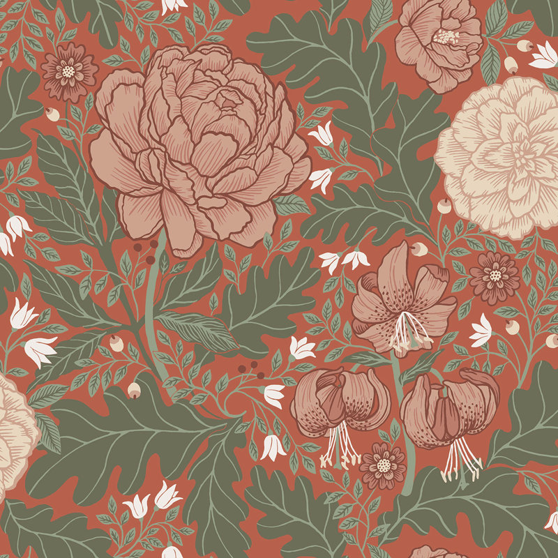Camille 10m x 53cm Matte Wallpaper Roll, Terracotta/Green