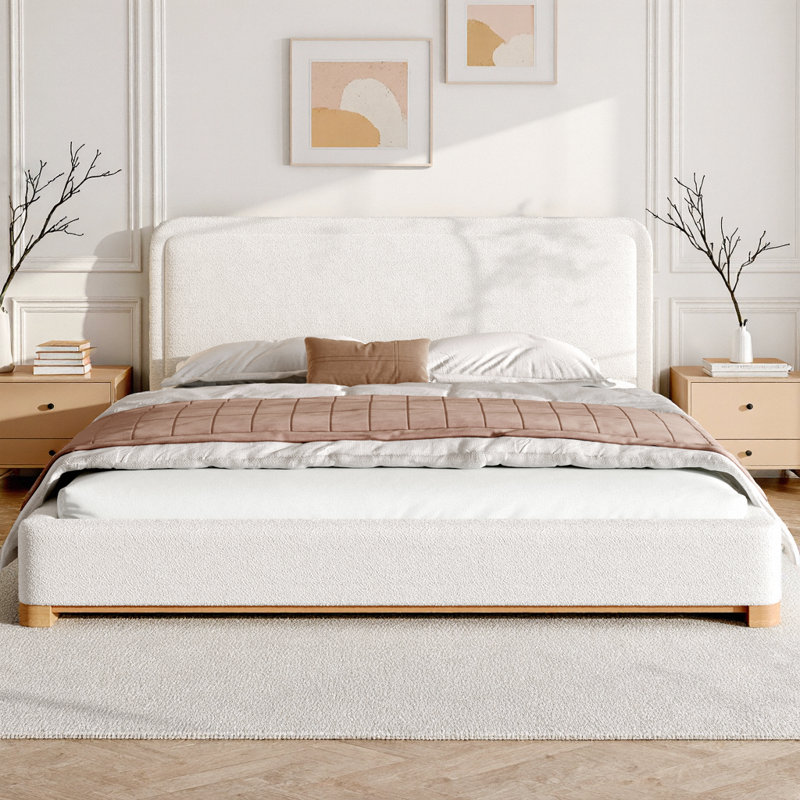 Structure de lit plateforme avec tête de lit courbée rembourrée Boucle, base en bois massif blanc, aucun sommier tapissier requis avec lattes de soutien, design moderne et élégant pour chambre à coucher contemporaine