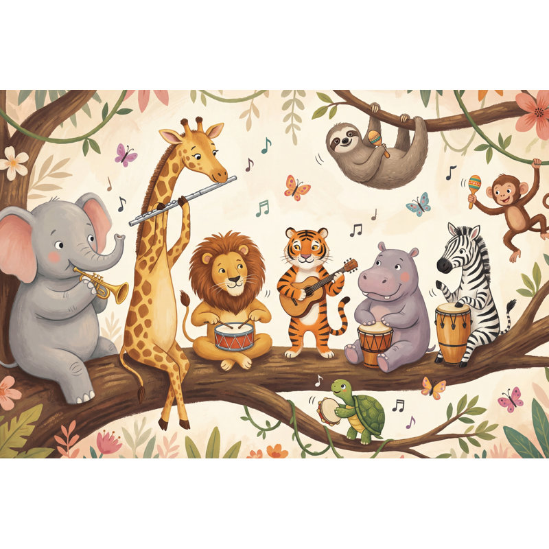 Papier peint animaux colorés, musique de la jungle, décoration murale, 140 po x 108 po, Non-Woven Nonpasted