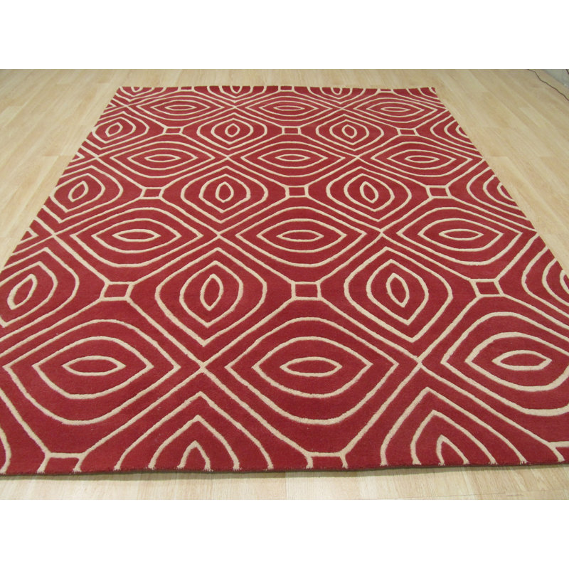 Corrigan Luxurious Red Hand Tufted Wool Ivory Contemporary Geometric Area Rug, Rectangle 5' x 8'