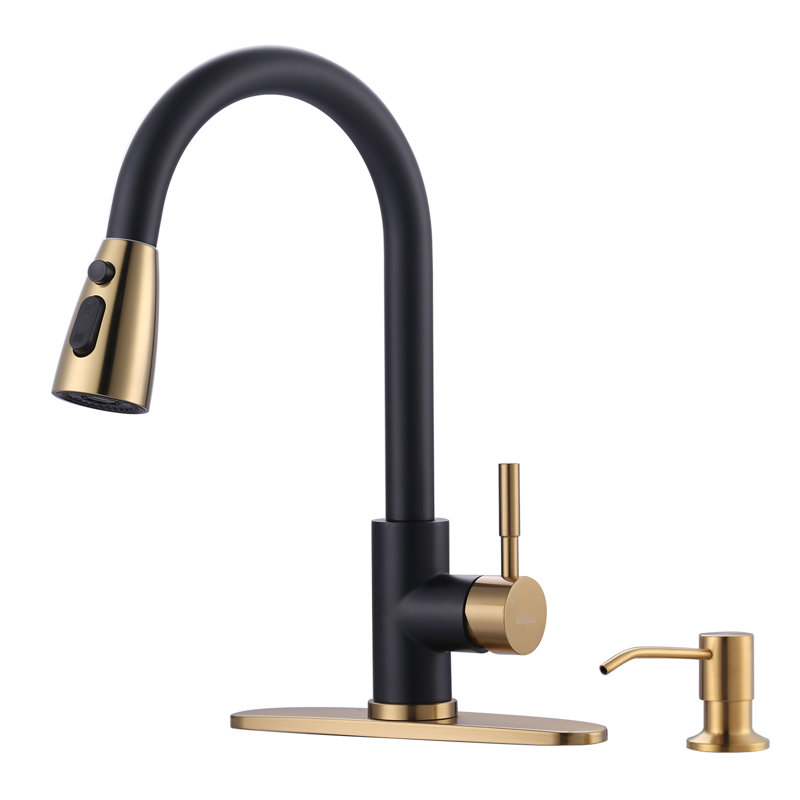 Robinet de cuisine rétractable avec distributeur de savon WOWOW, Noir et or