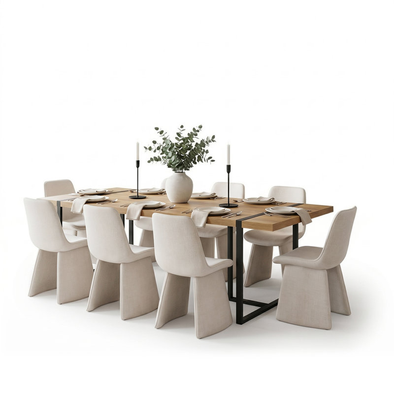 Ensemble table et chaises de salle à manger rectangulaires Cubillos 79 po pour 8 personnes avec chaises rembourrées, Beige