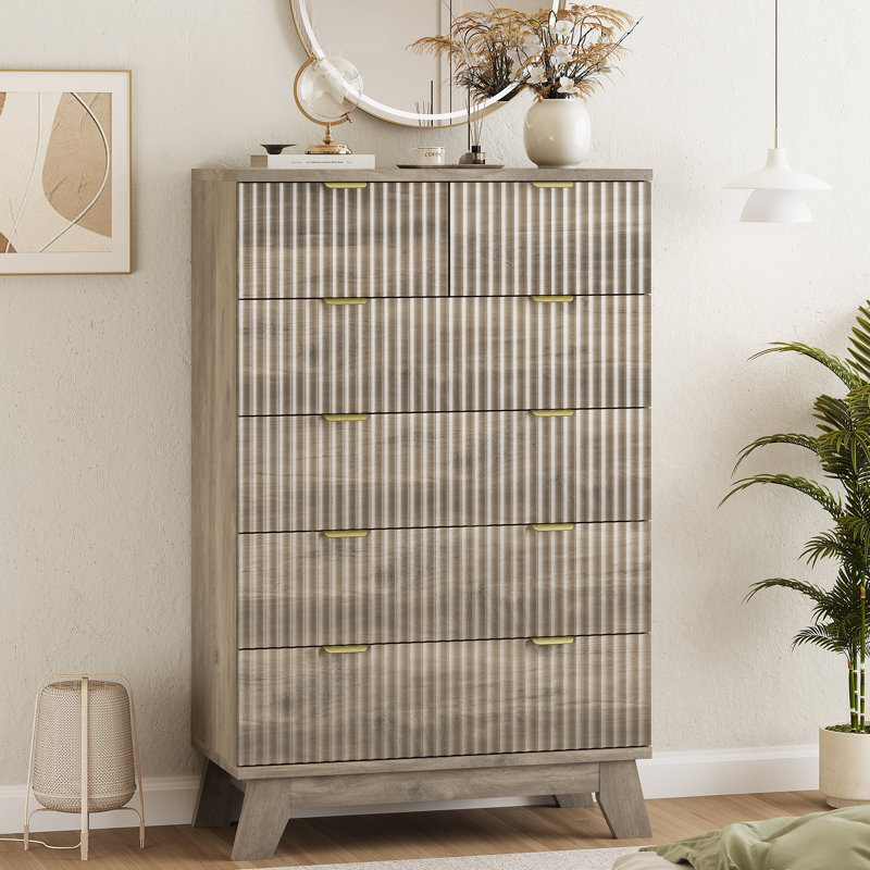 Fluted 6-Drawer Dresser, 46" Tall Wooden Chest of Drawers with Metal Handles, Modern TV Stand & Storage Organizer, for Bedroom, Living Room
