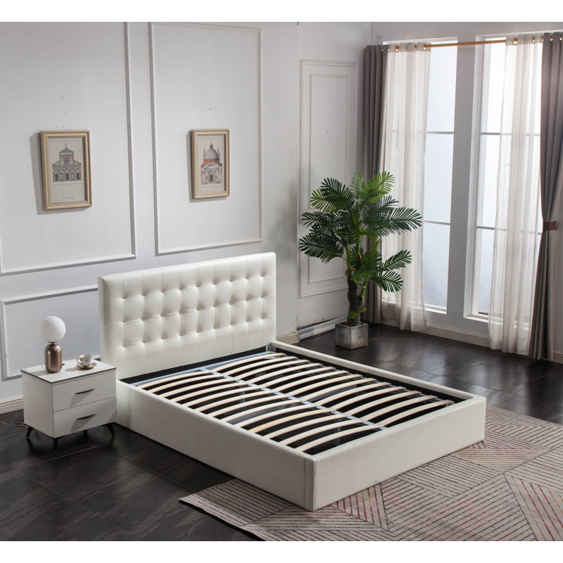 Lit plateforme tapissier capitonné avec rangement Baldriche, Double, Blanc
