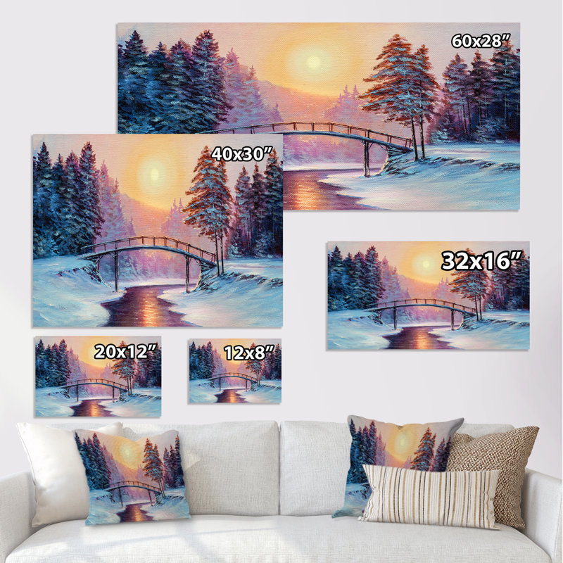 «Sunset on Winter River Bridge Scenery II», peinture sur toile, H 28 po x l 60 po x P 1,5 po, Toile tendue