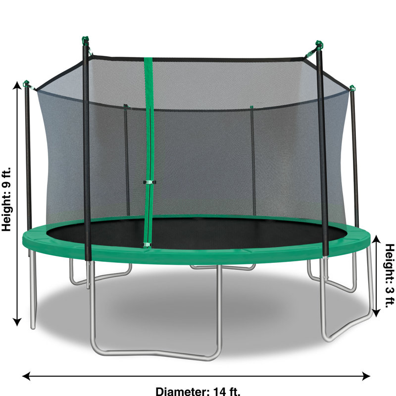 14-Foot Green Round Trampoline with Safety Enclosure