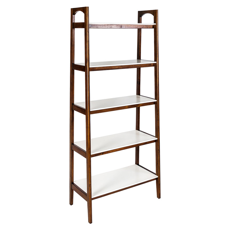 Mid-century Style Bookcase With Solid Wood And Materials Strong Construction White Shelf