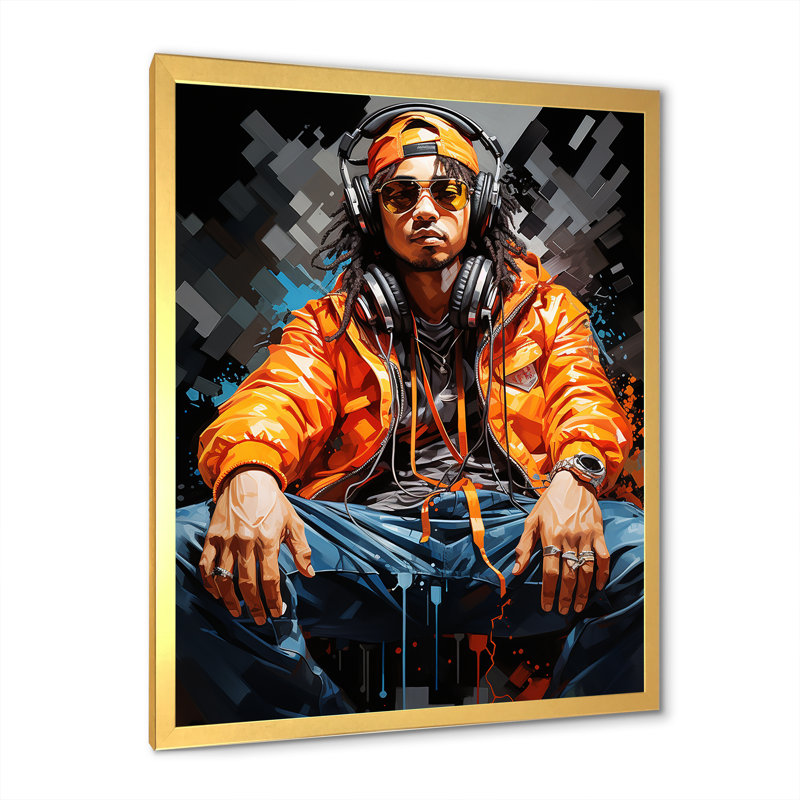 Hiphop rappeur aux couleurs vives et éclatantes, Cadre doré simple, H 40 po x l 30 po x P 1,5 po