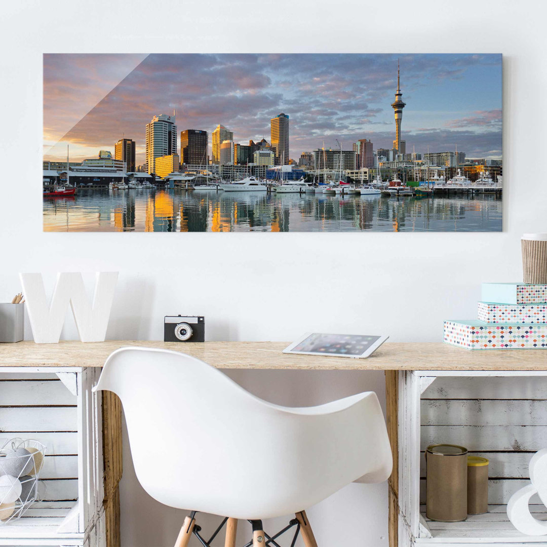 Glasbild Auckland Skyline bei Sonnenuntergang