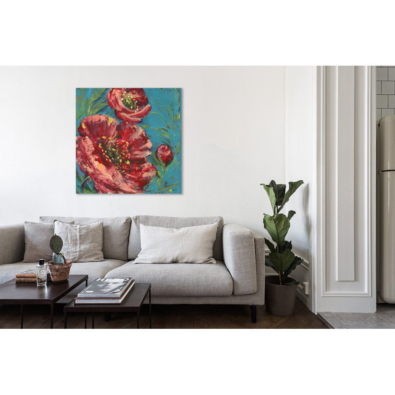 «Red Poppy On Teal» par Tre Sorelle Studios - impression sur toile tendue, H 18 po x l 18 po x P 1,5 po