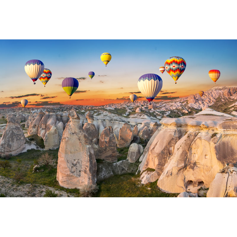 Hot Air Balloons At Sunset Over The Cave Town, Cappadocia, Turkey - Wrapped Canvas Print, 61cm H x 91cm W x 3.8cm D