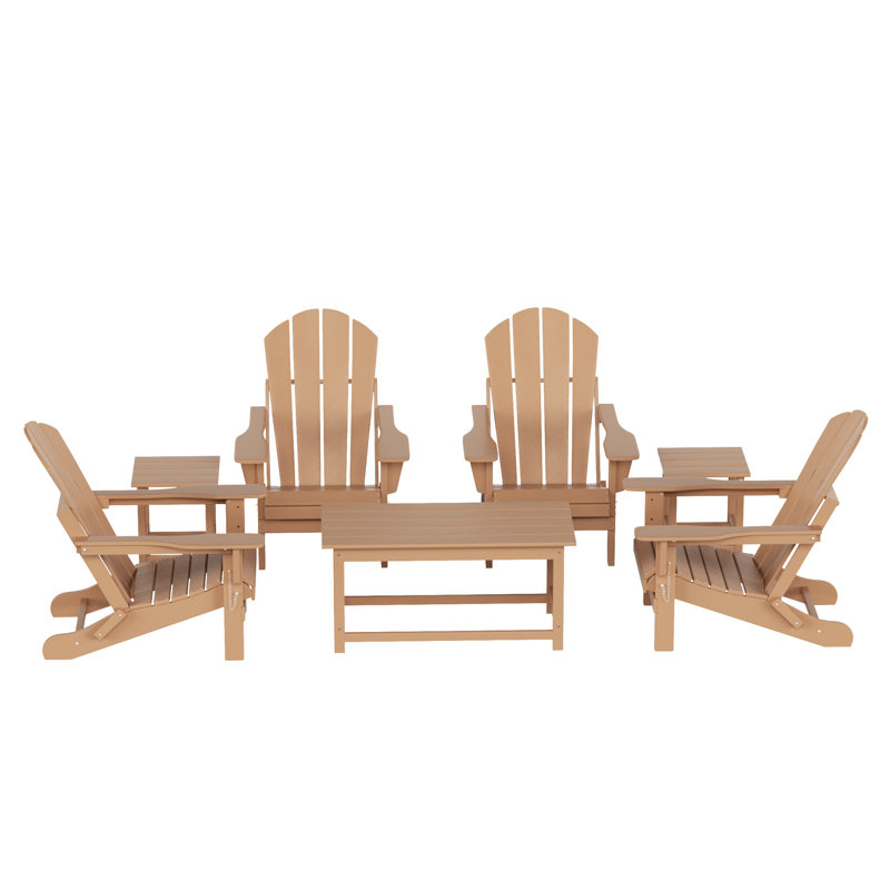 Chaise Adirondack d'extérieur pliable 7 pièces avec table Vinnie, Teck